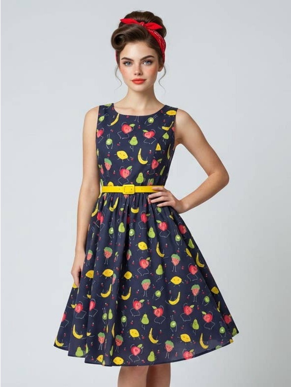 Tulip B NWT Vintage-Inspired Navy Fruit Print Fit-and-Flare Dress Size M